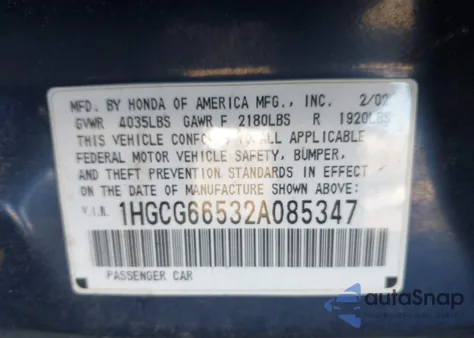 2002 Honda Accord 2.3 Lx from USA, damaged, VIN 1HGCG66532A085347